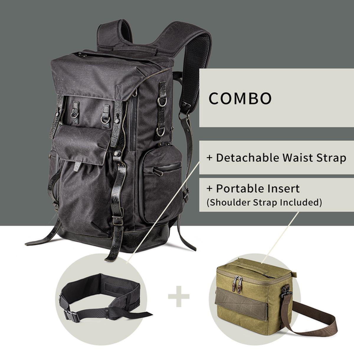 New City Explorer Commander Travel Camera Backpack | 21L - Charcoal Black Canvas | Backpack Combo (Detachable Waist belt + Portable Insert)