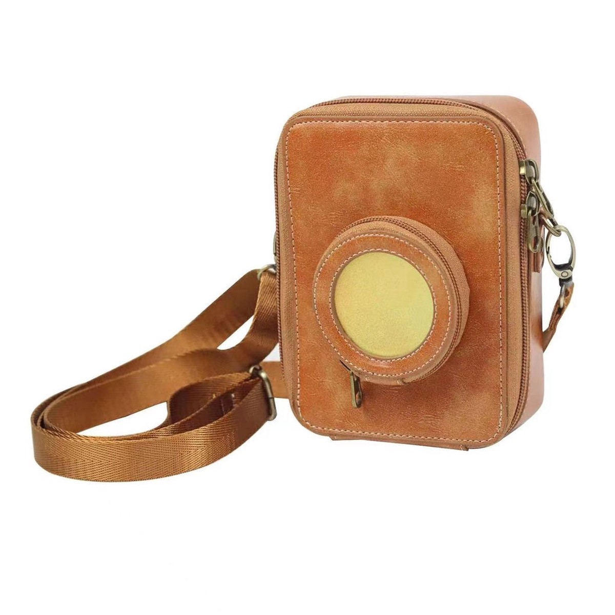 Pikxi Leather Carrying Bag for Instax Mini EVO with 2.5" x 3" Photo Pocket and Compact Lens Compartment (Brown)