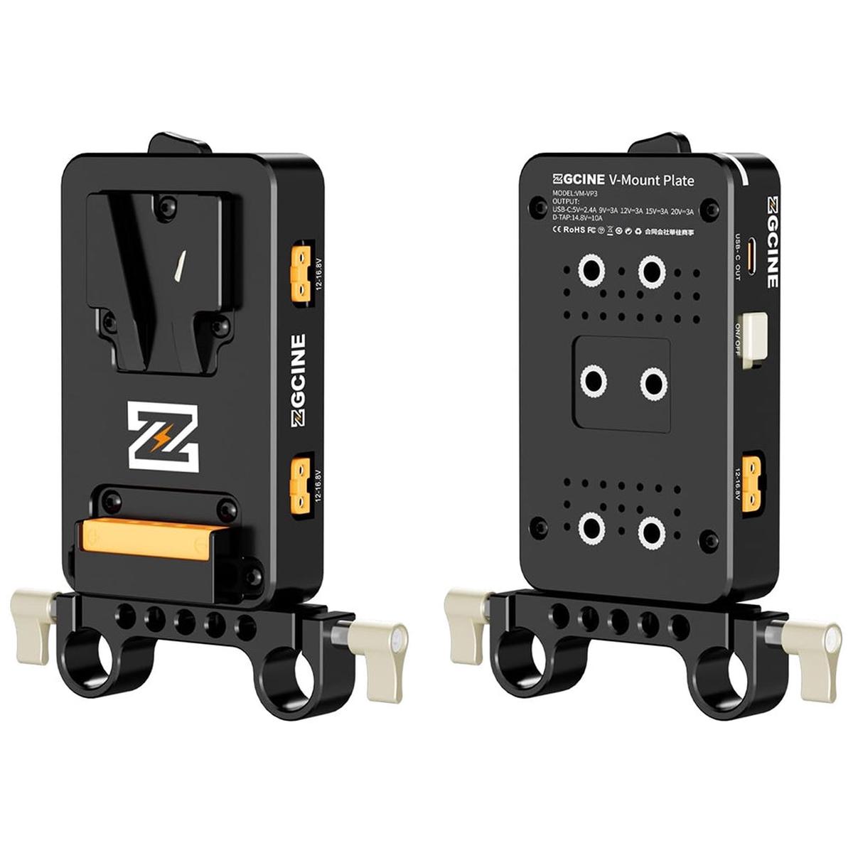 ZGCINE VM-VP3 V-Mount Battery Plate with 3 D-Tap, USB-C PD Output, 15mm LWS Rod Clamp, 1/4"-20 Mount Threads, Multi-Accessory Power Hub for Mobile Phones, Cameras, LED Lights, Monitors, Elec